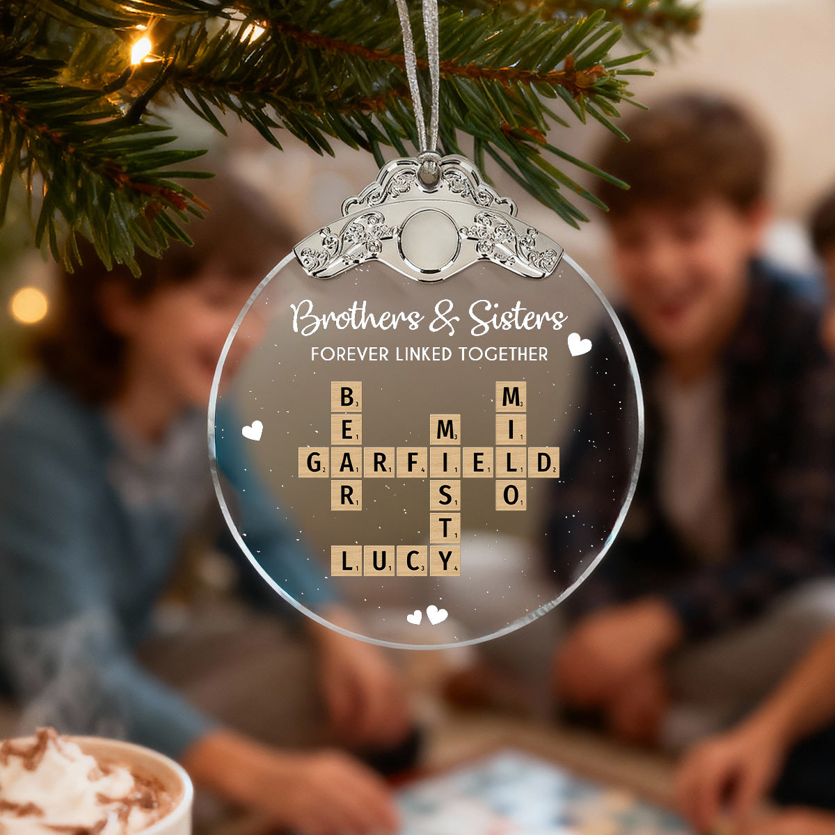 Brothers Sisters Siblings Forever Linked Together Crossword Puzzle Art - Personalized Glass Ornament With Silver Cap - Gift For Siblings, Brothers, Sisters