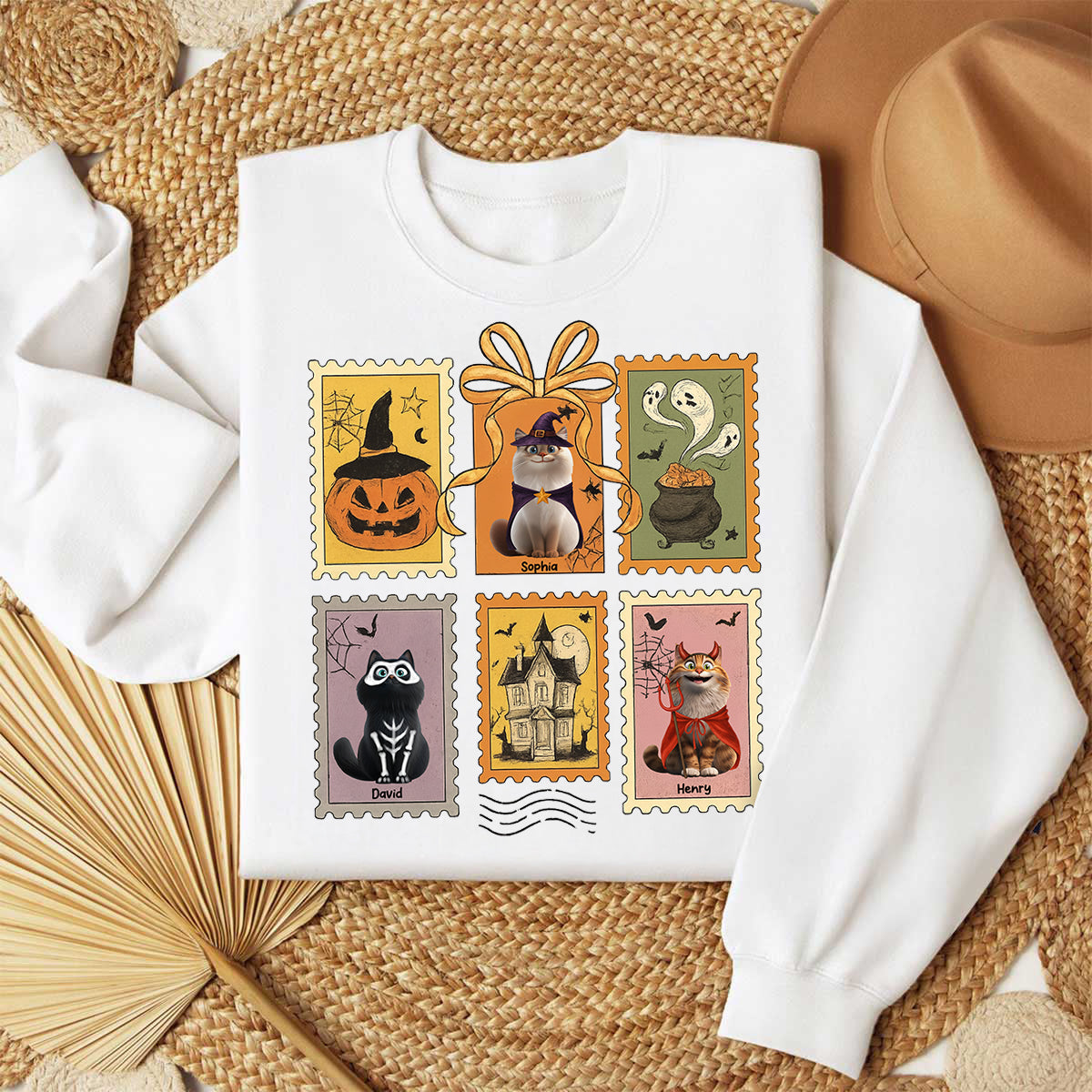 Cute Cats Retro Halloween Postage Stamp Sweatshirt – Cute & Spooky Fall Personalized Sweatshirt