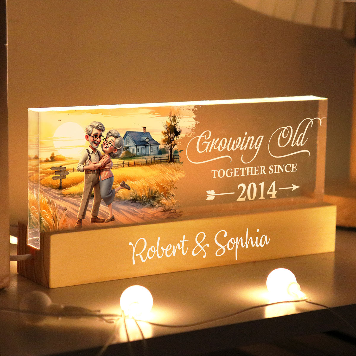 Happy Old Couple Vintage Farmhouse Personalized Acrylic Block LED Night Light, Anniversary  For Him, For Her, Husband, Wife