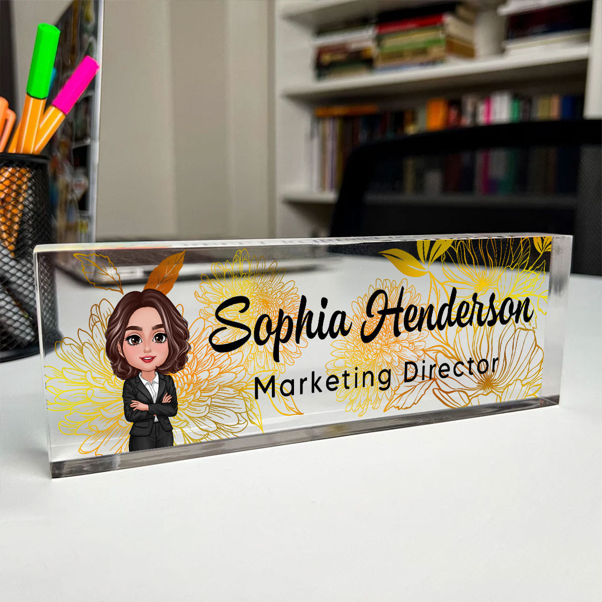 Floral Line Art Woman Man Office Personalized Desk Name Plate| Unique Gift For Colleagues, Boss