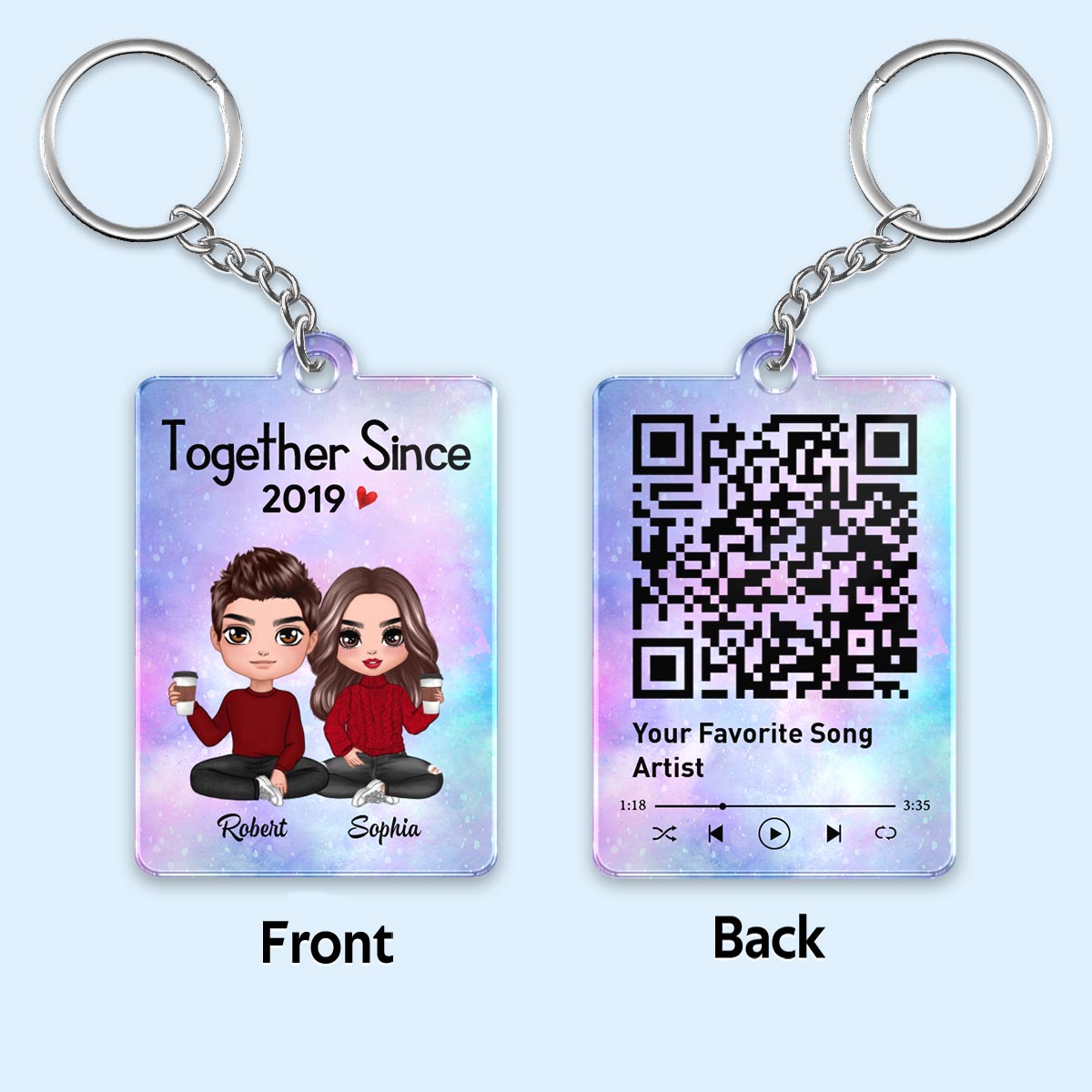 Doll Couple Sitting Together Since Favorite Song Scannable QR Code - Personalized Acrylic Keychain - Anniversary Gift For Him, Gift For Her