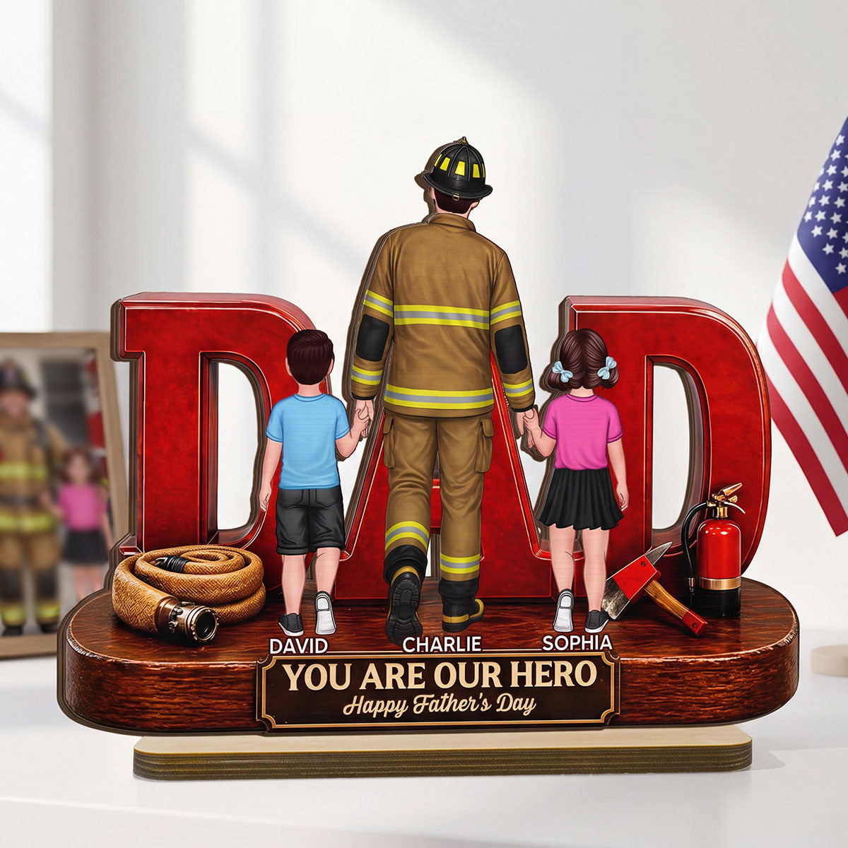 Proud Firefighter Dad You Are Our Hero - Personalized 2-Layered Wooden Plaque - Unique Birthday Gift For Dad