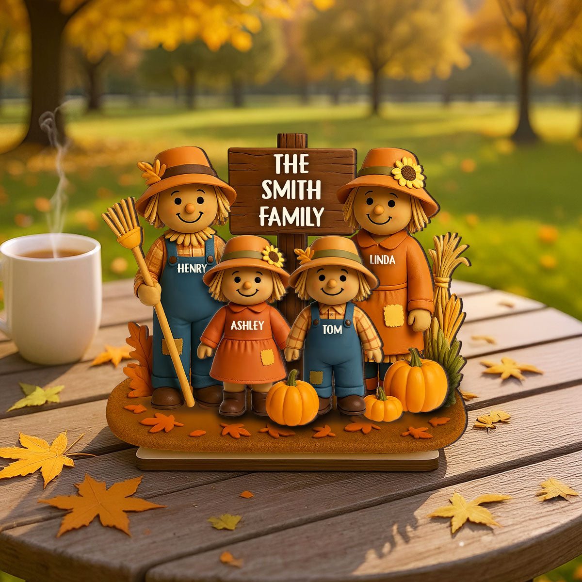 Fall Season Scarecrow Grandparents, Grandkids 3D Effect Personalized 2-Layer Wooden Plaque