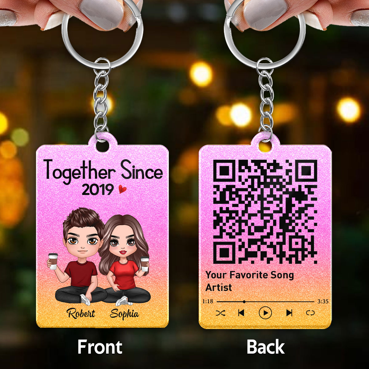 Doll Couple Sitting Together Glitter Effect Favorite Song Scannable QR Code Personalized Acrylic Keychain [Not Real Glitter]