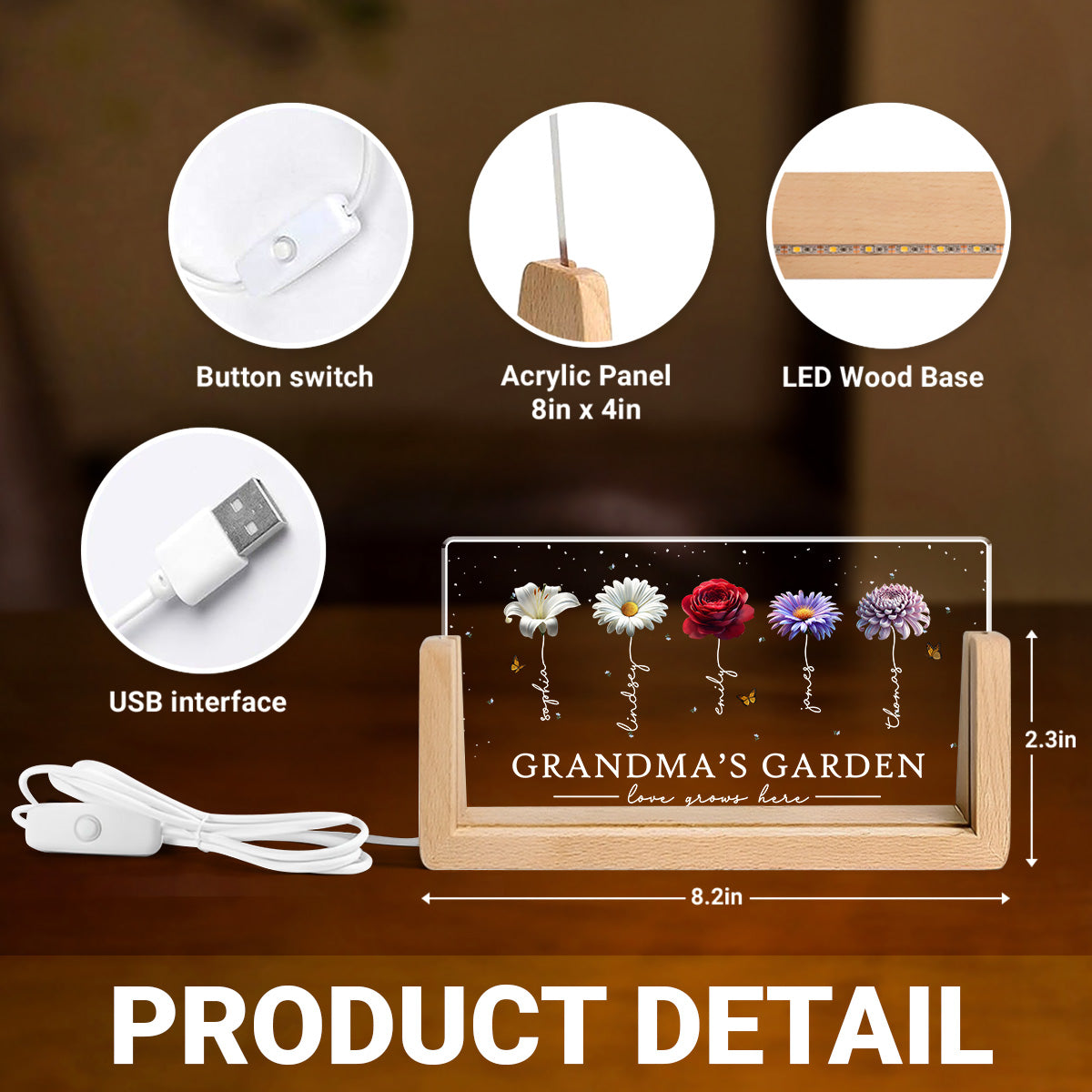 Grandma's Garden Beautiful 3D Effect Birth Flowers - Personalized Acrylic Plaque LED Night Light - Gift For Grandma