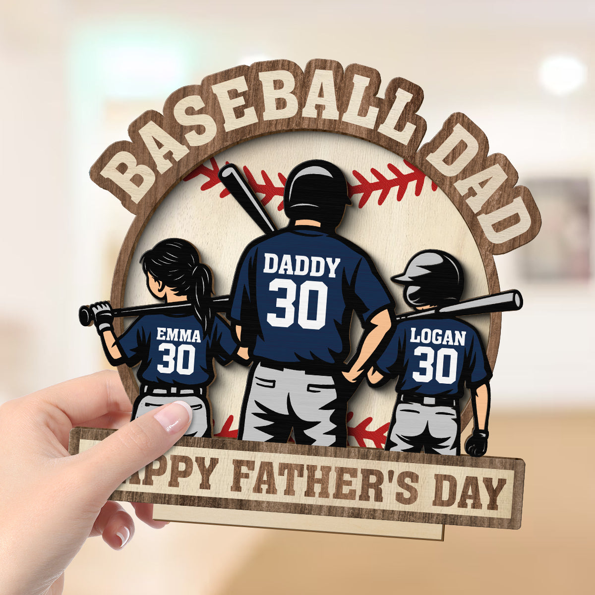 Baseball Family Back View Personalized 2-Layered Standing Wooden Plaque,  gift for Dad, for Husband