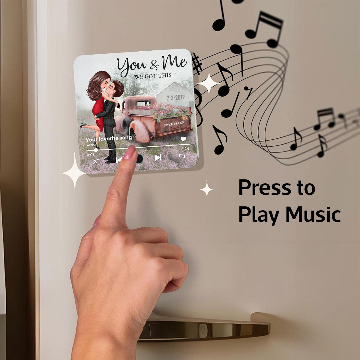 Red Vintage Truck Farmhouse Couple Hugging Kissing Personalized Music Fridge Magnet, Anniversary  Gift For Him, For Her