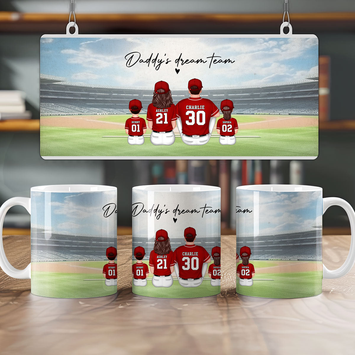 Daddy's Team Baseball Family Sitting Personalized AOP Mug, Perfect Gift For Dad, Grandpa, Husband
