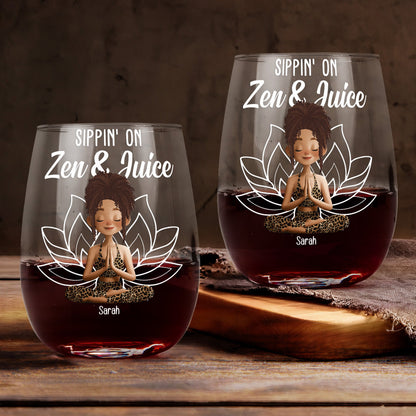 Sippin On Zen And Juice Yoga Lovers Namaste - Personalized Stemless Wine Glass