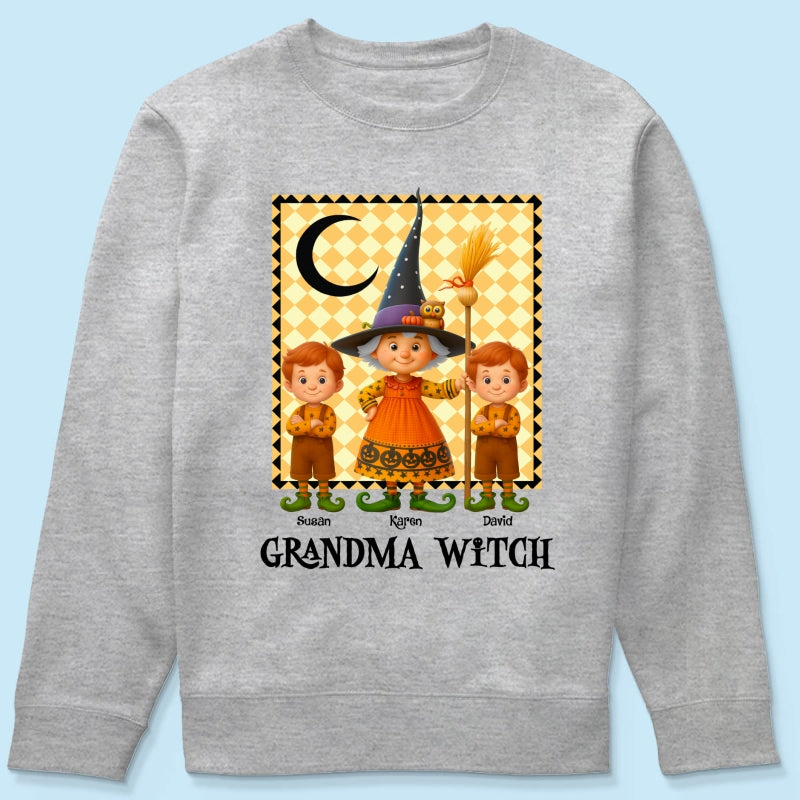 Grandma Witch & Cute Grandkids Personalized Sweatshirt, Halloween Cozy Fall Sweatshirt for Grandma