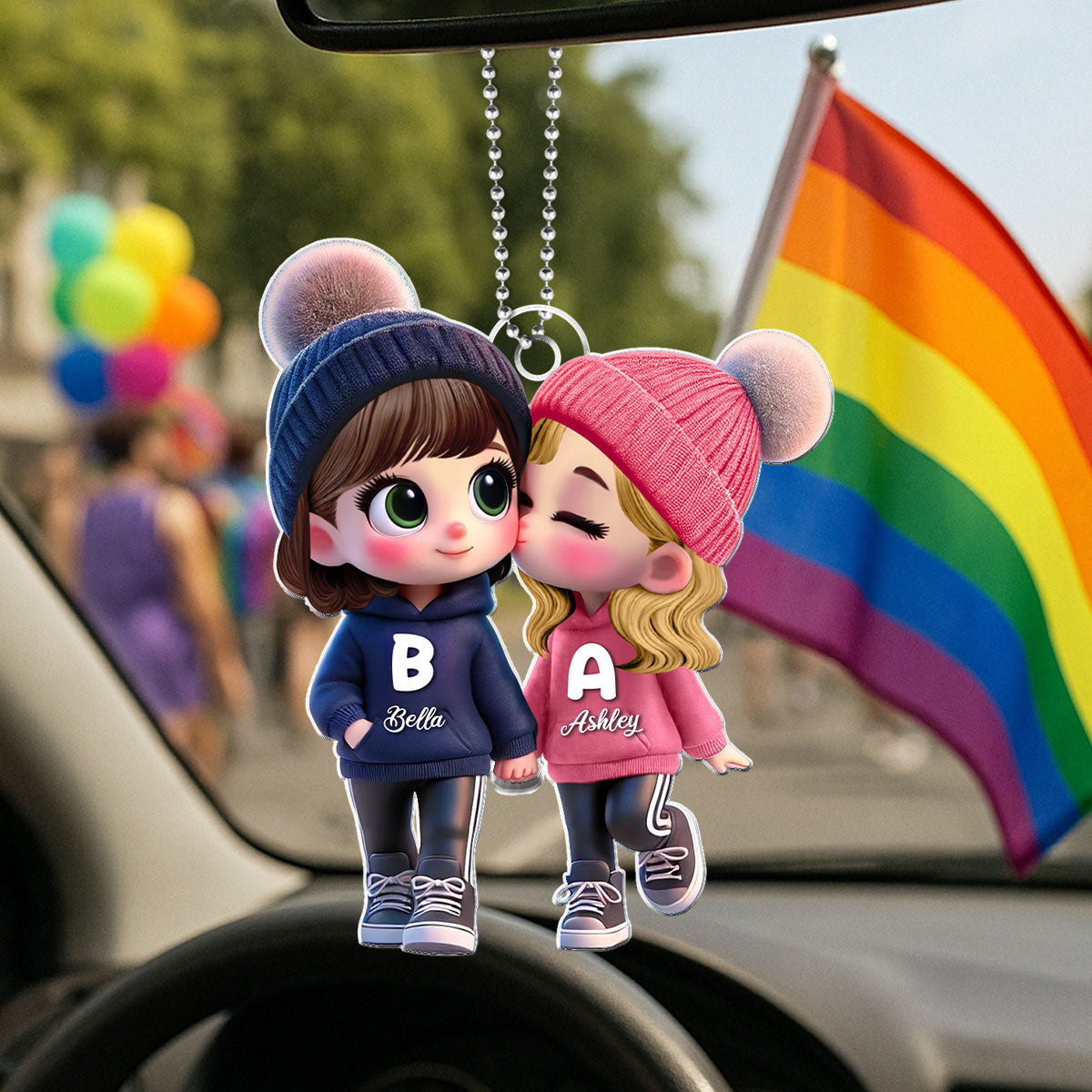 3D Effect Cute LGBTQ Cartoon Couple Summer Vibe Personalized Acrylic Car Ornament, Pride Month Gift