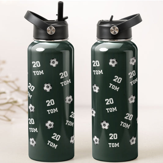 Soccer Custom Name, Number - Personalized Stainless Steel Water Bottle