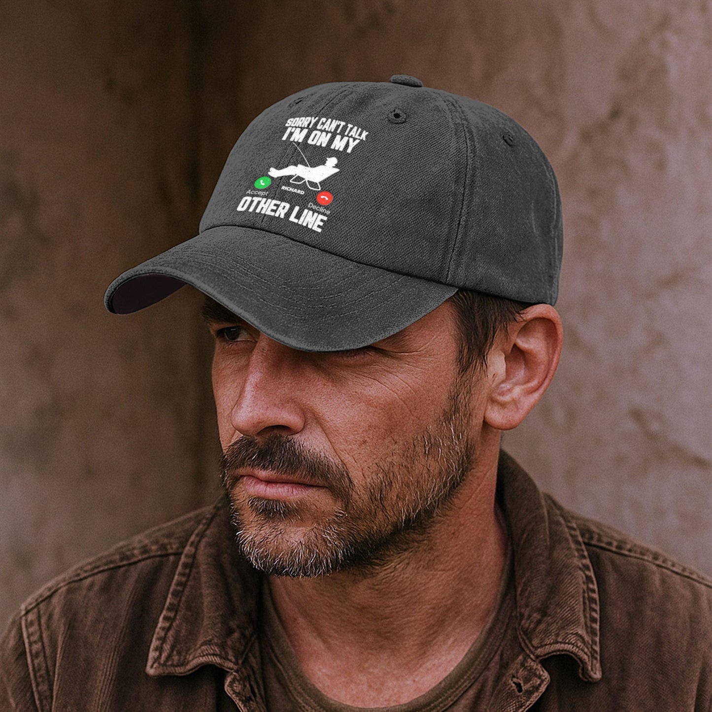 Sorry Can't Talk I'm On My Other Line Men Funny - Personalized Distressed Denim Cap