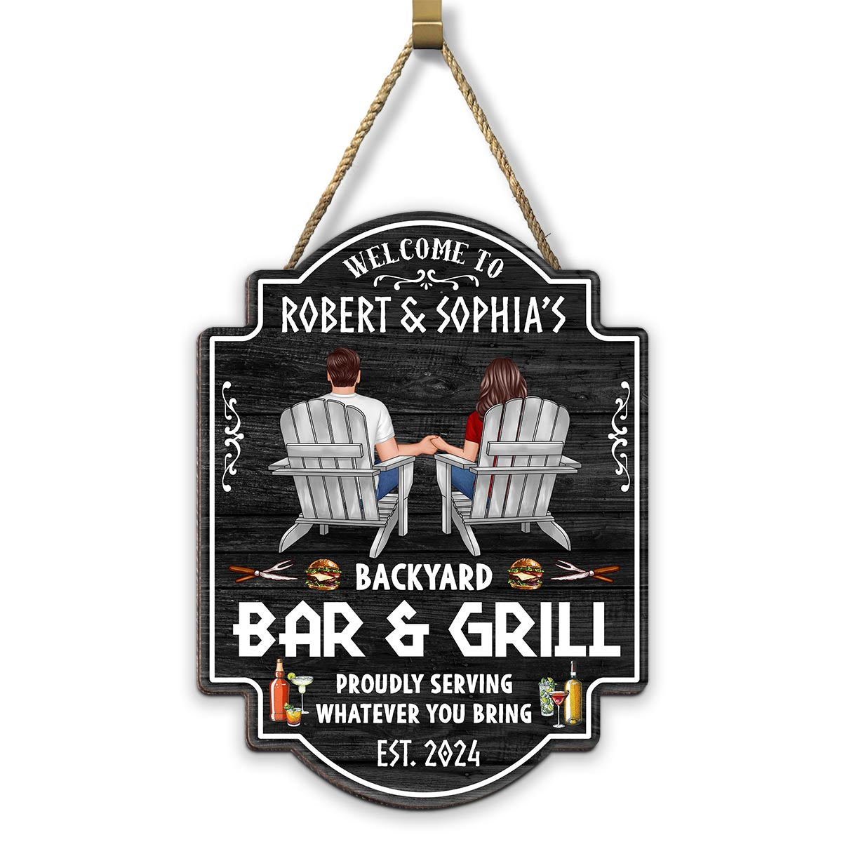 Backyard Bar & Grill Couple Sitting Personalized Wood Sign