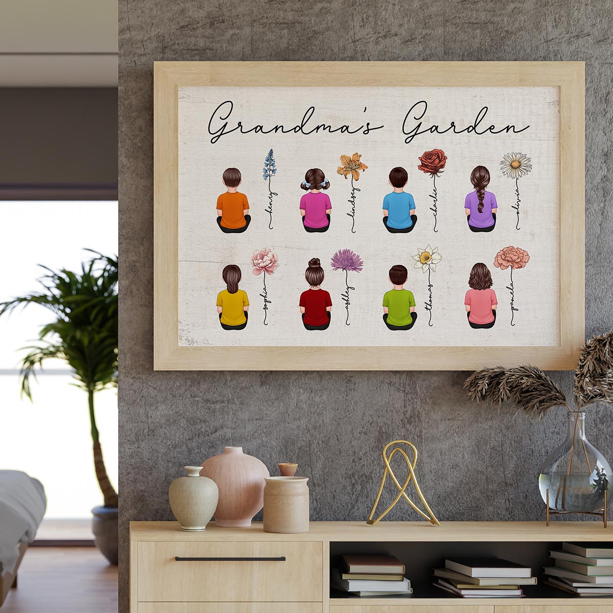 Vintage Birth Month Flowers Garden With Grandkids Names Personalized Poster, Perfect Gift For Grandma Mom Auntie