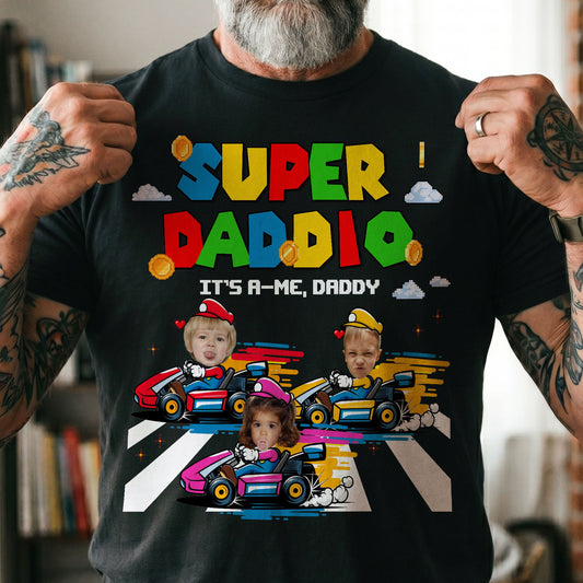 Super Daddio - Gaming Dad Gift With Kids' Faces - Personalized Shirt