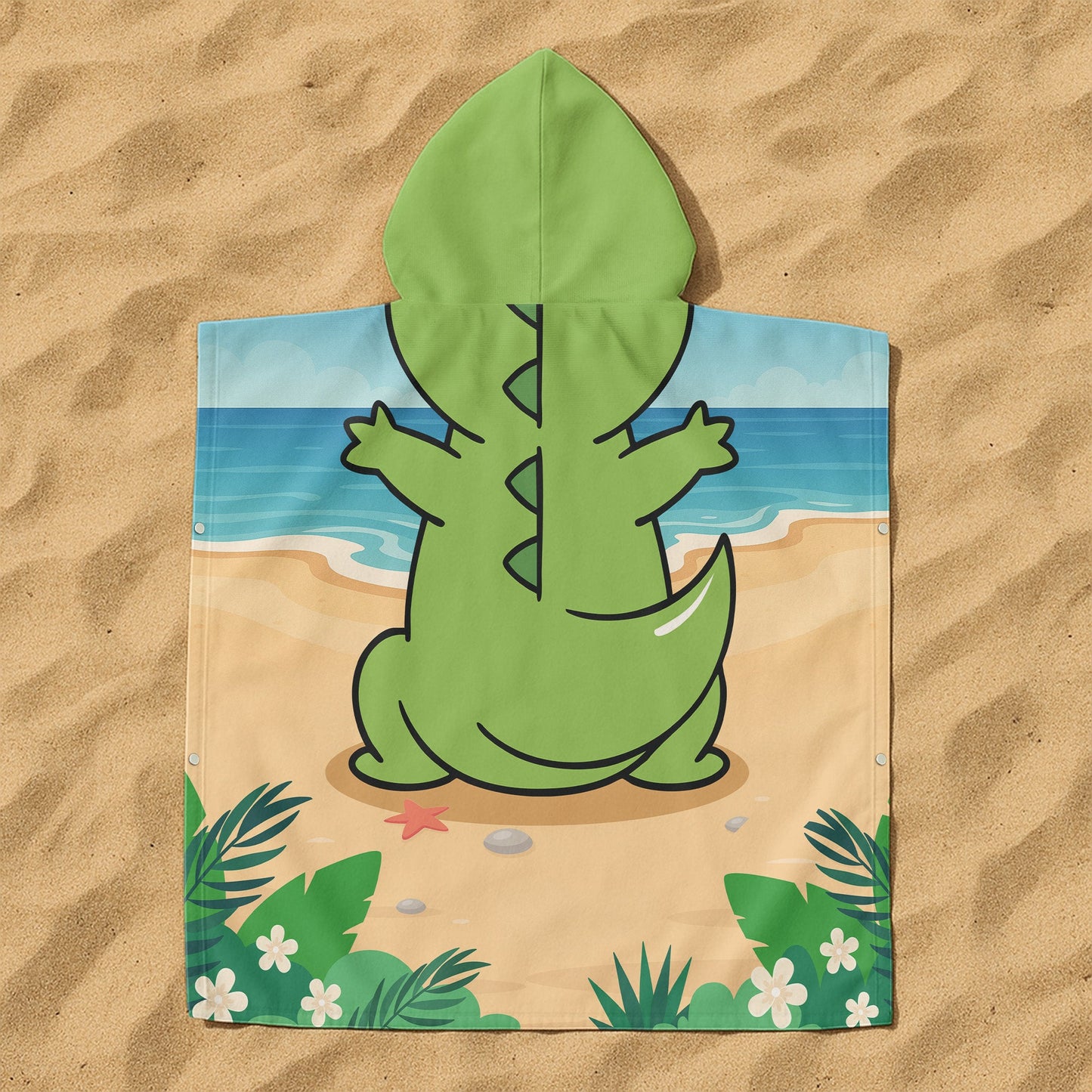 T-Rex, Dinosaur On The Beach - Personalized Kids Hooded Towel