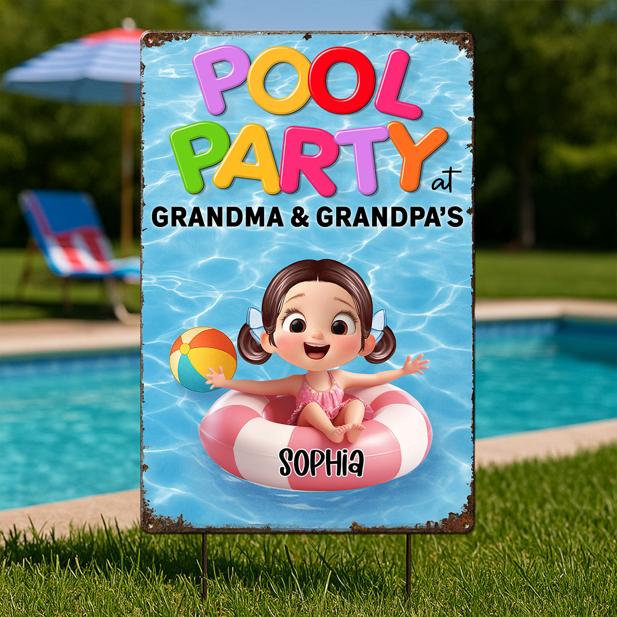 Pool Party at Grandma & Grandpa Personalized Metal Sign, Grandkids Summer Sign