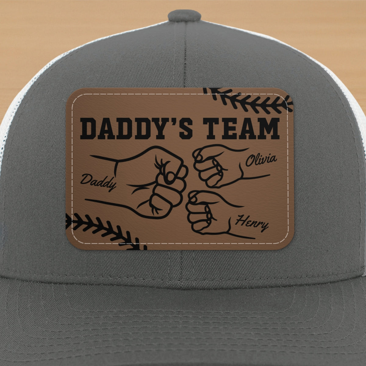 Baseball Daddy's Team Fist Bump Outline Personalized Leather Patch Hat