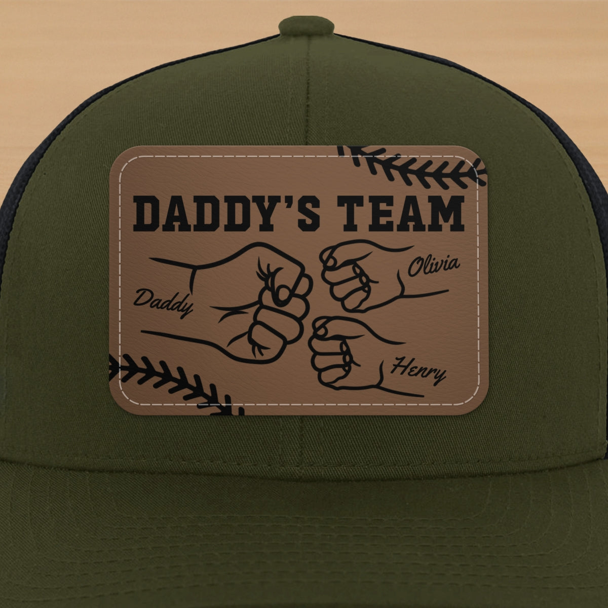 Baseball Daddy's Team Fist Bump Outline Personalized Leather Patch Hat