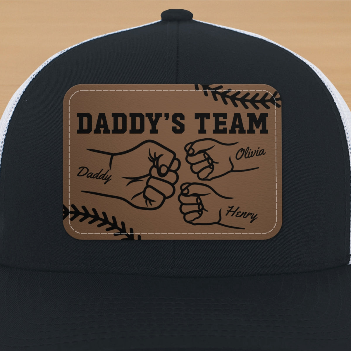 Baseball Daddy's Team Fist Bump Outline Personalized Leather Patch Hat