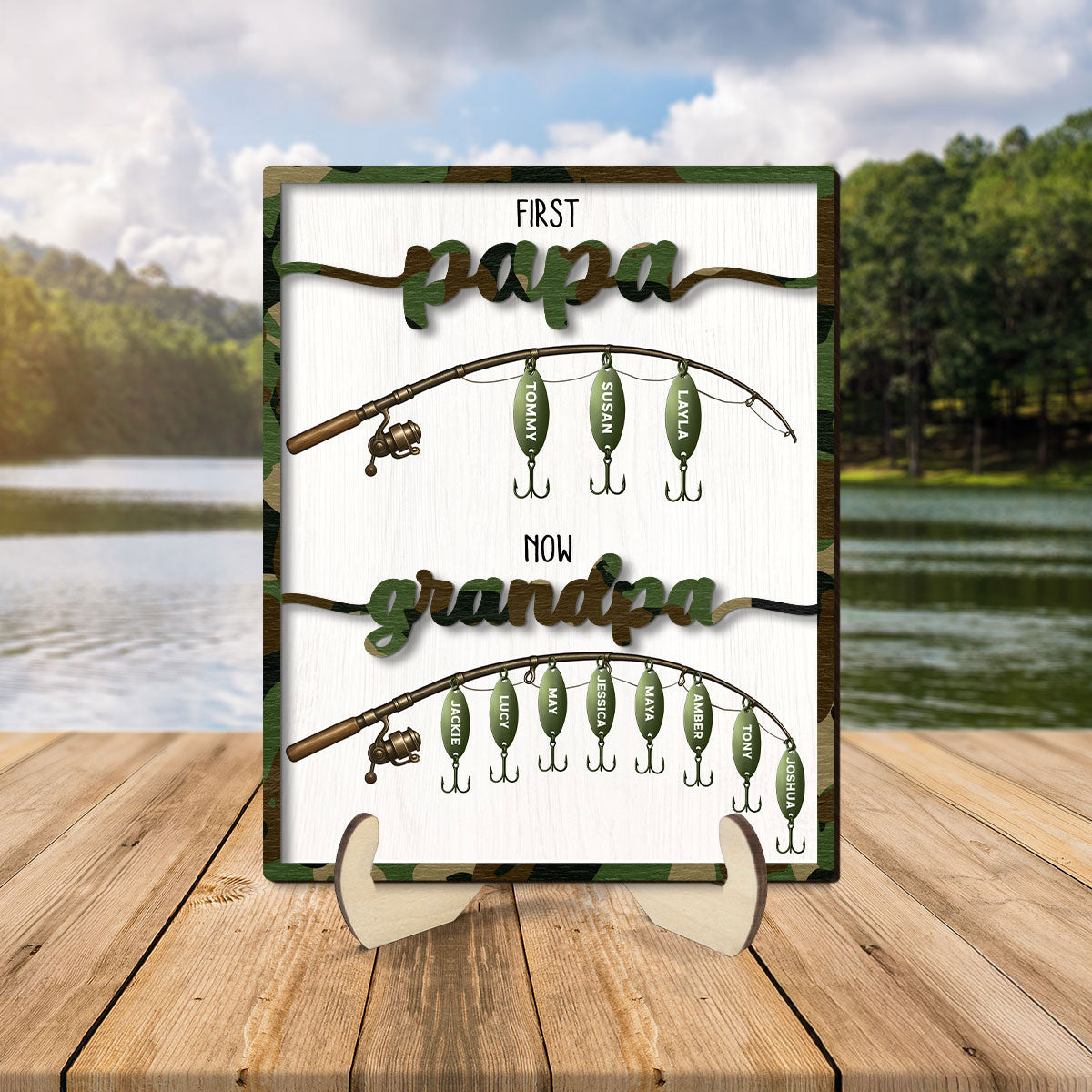 First Dad Now Grandpa Fishing Lures With Kids' Names Personalized 2-Layered Wooden Plaque,  Gift For Husband, For Dad, For Grandpa