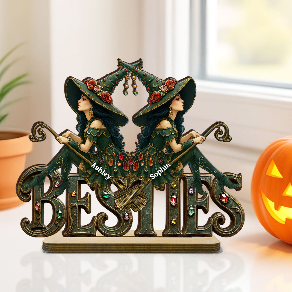Halloween Gothic Vintage Besties Sisters Sitting On Text Personalized Standing Wooden Plaque