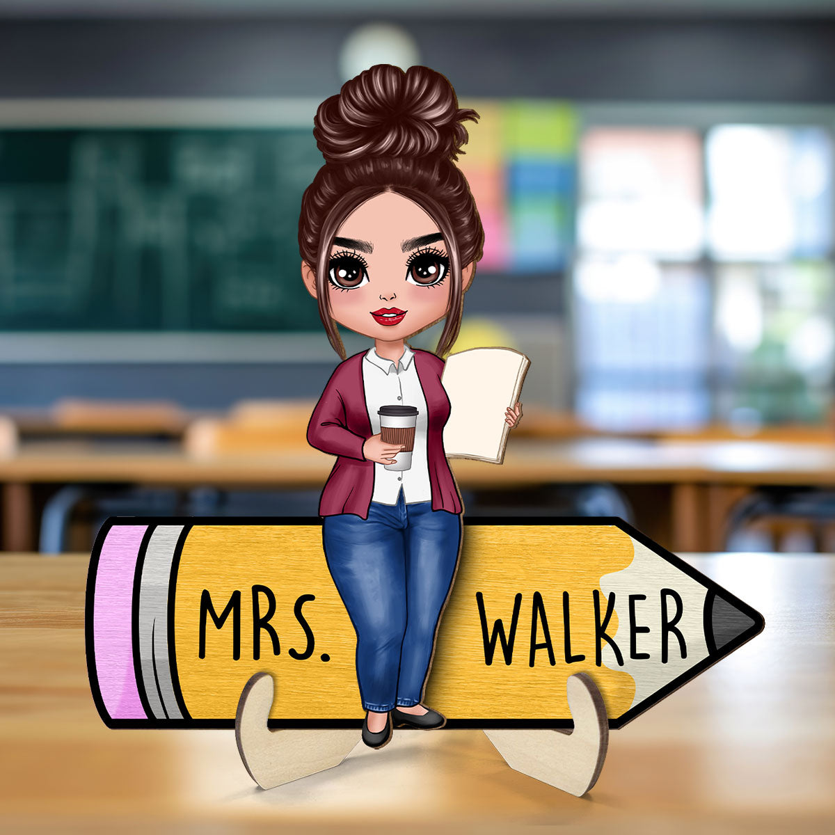 Doll Teacher Sitting On Pencil Personalized 2-Layer Wooden Plaque, Back To School Gift For Teacher, Teacher Appreciation Gift