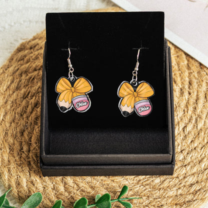 Teacher Gift Custom Name Pencil Crayon Bow - Personalized Acrylic Earrings
