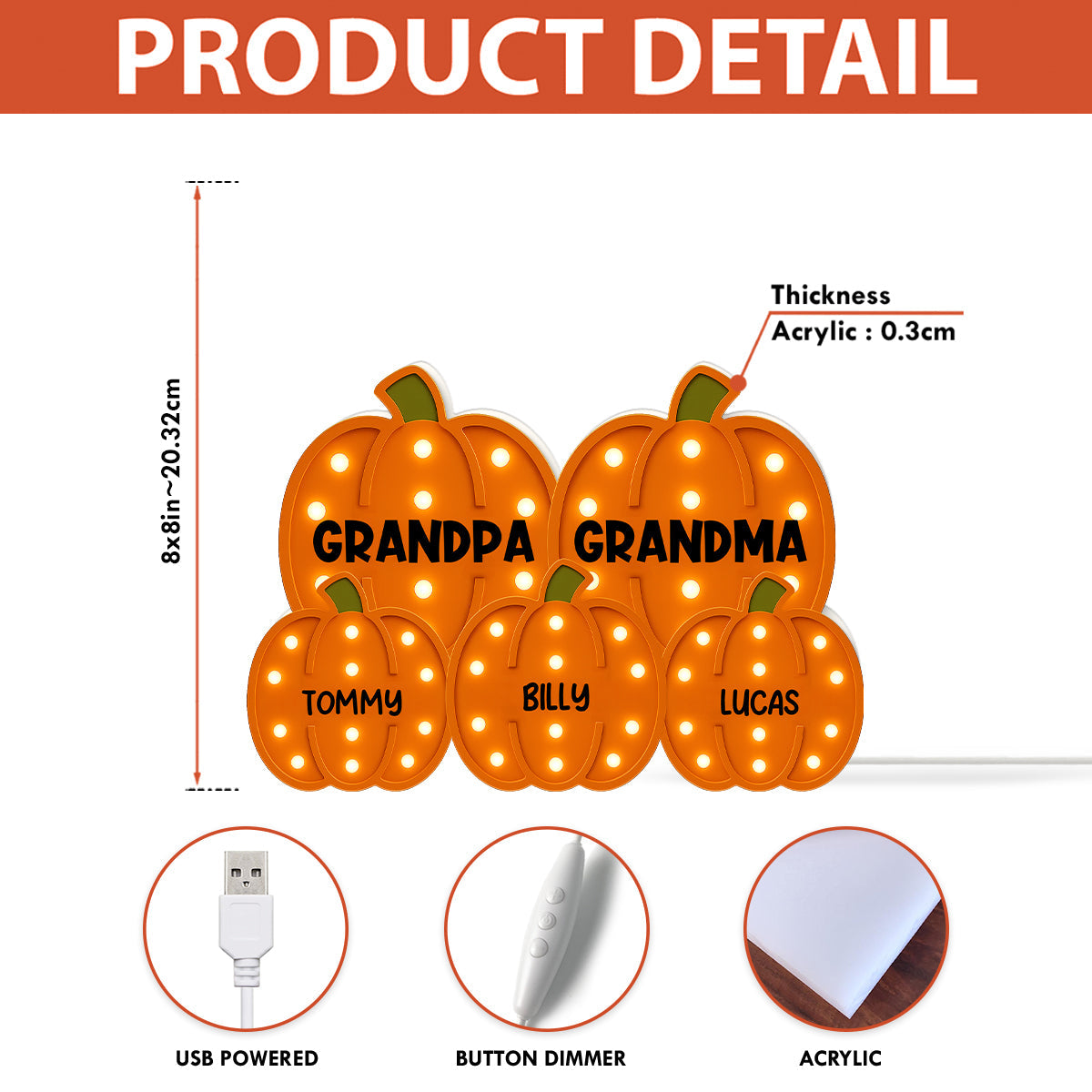 3D Effect Grandma Grandpa Grandkids Pumpkin Patch Marquee Pattern - Personalized Light Box - Cozy Fall Home Decor