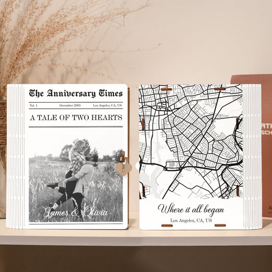 The Anniversary Times A Tale Of Two Hearts - Personalized Wooden Photo Book Box