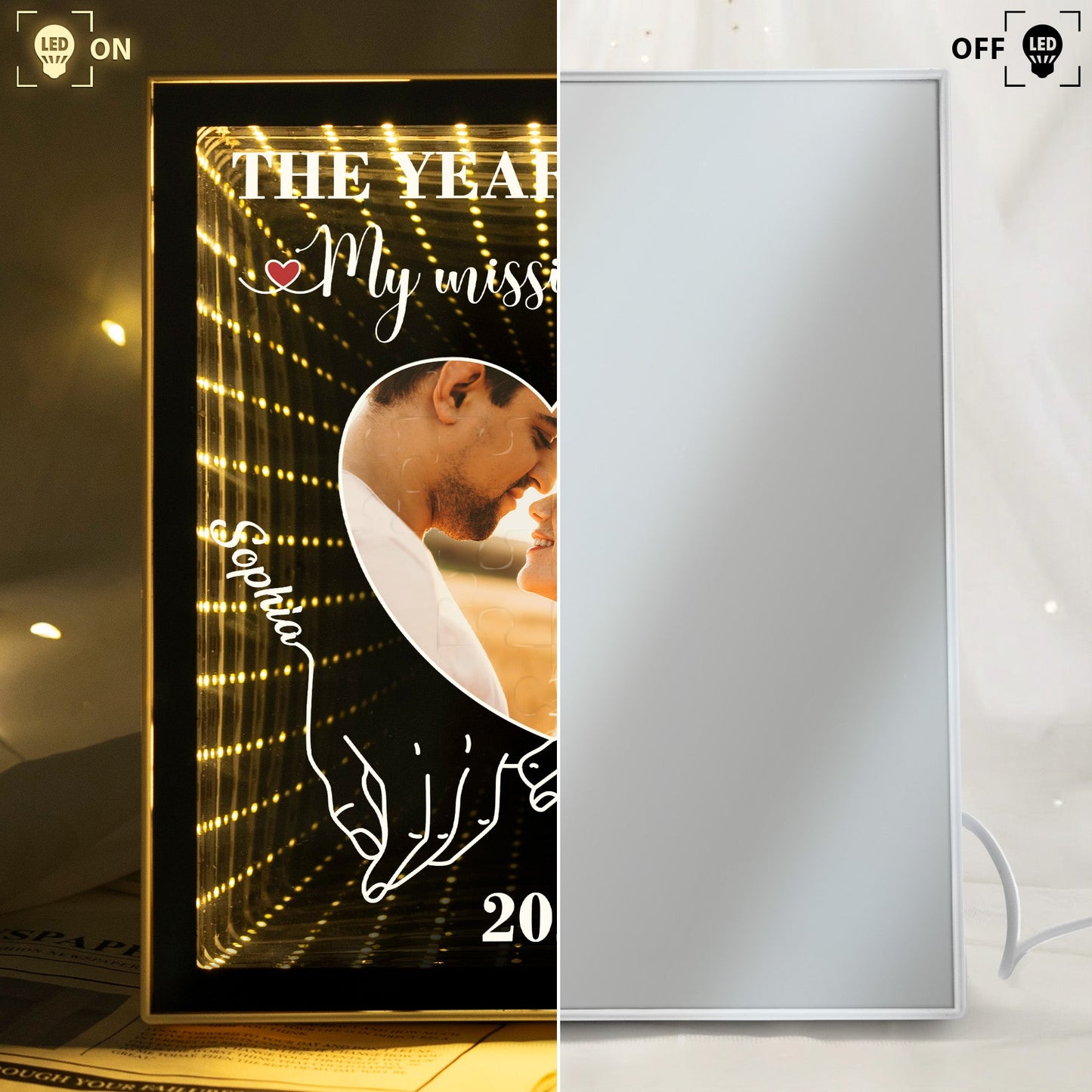 The Year I Found My Missing Piece  Anniversary Valentine's Day Gift - Personalized Photo Infinity Mirror Light Box