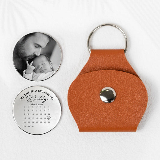 Father's Day Gifts, The Day You Became My Daddy, Mommy, Papa, Grandma - Custom Calender - Personalized Leather Photo Pocket Hug