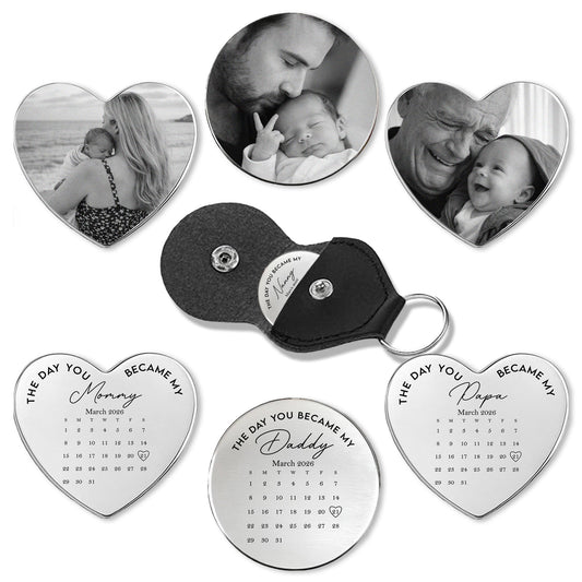 Father's Day Gifts, The Day You Became My Daddy, Mommy, Papa, Grandma - Custom Calender - Personalized Leather Photo Pocket Hug