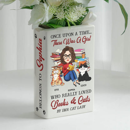 There Was A Girl Who Really Loved Books And Cats - Personalized Ceramic Book Vase