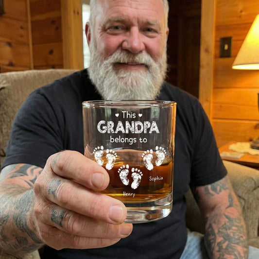 This Grandpa Belongs To - Cute Footprints - Personalized Whiskey Glass