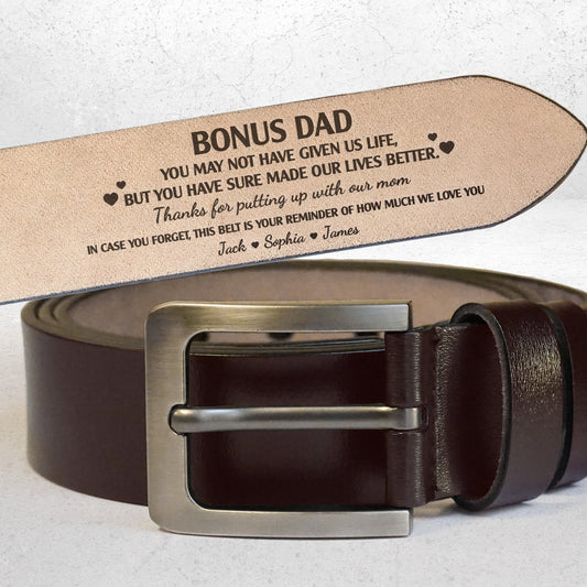 Father's Day Gifts, To Bonus Dad, Step Dad Thanks For Putting Up With Mom - Personalized Engraved Leather Belt