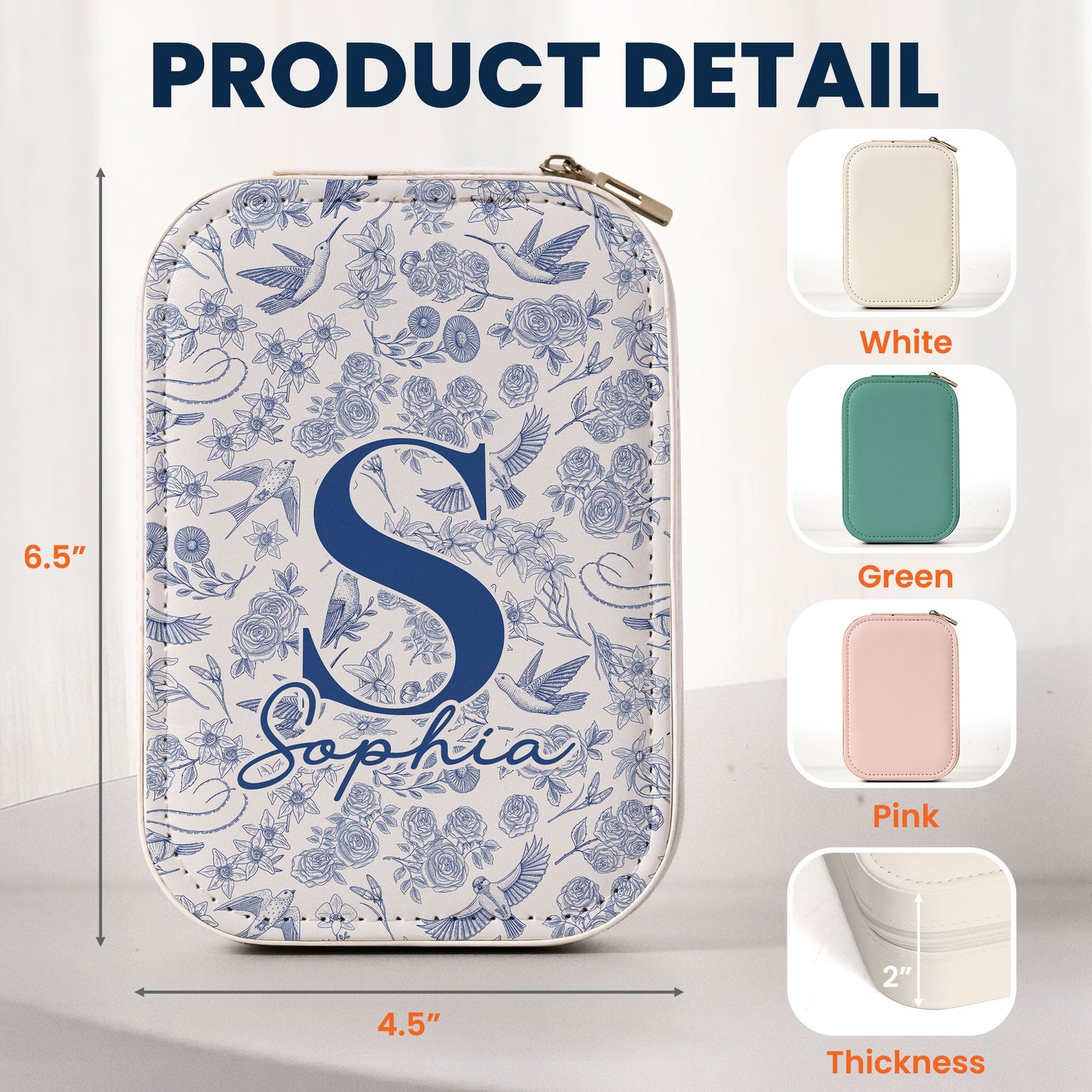 Toile De Jouy Floral Initial - Custom Makeup Box With LED Mirror