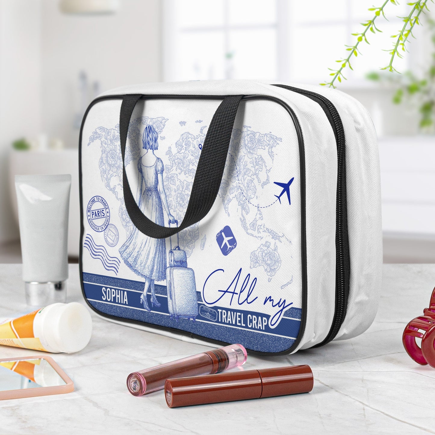 Toile De Jouy Traveling Girl - Personalized Hanging Toiletry Bag
