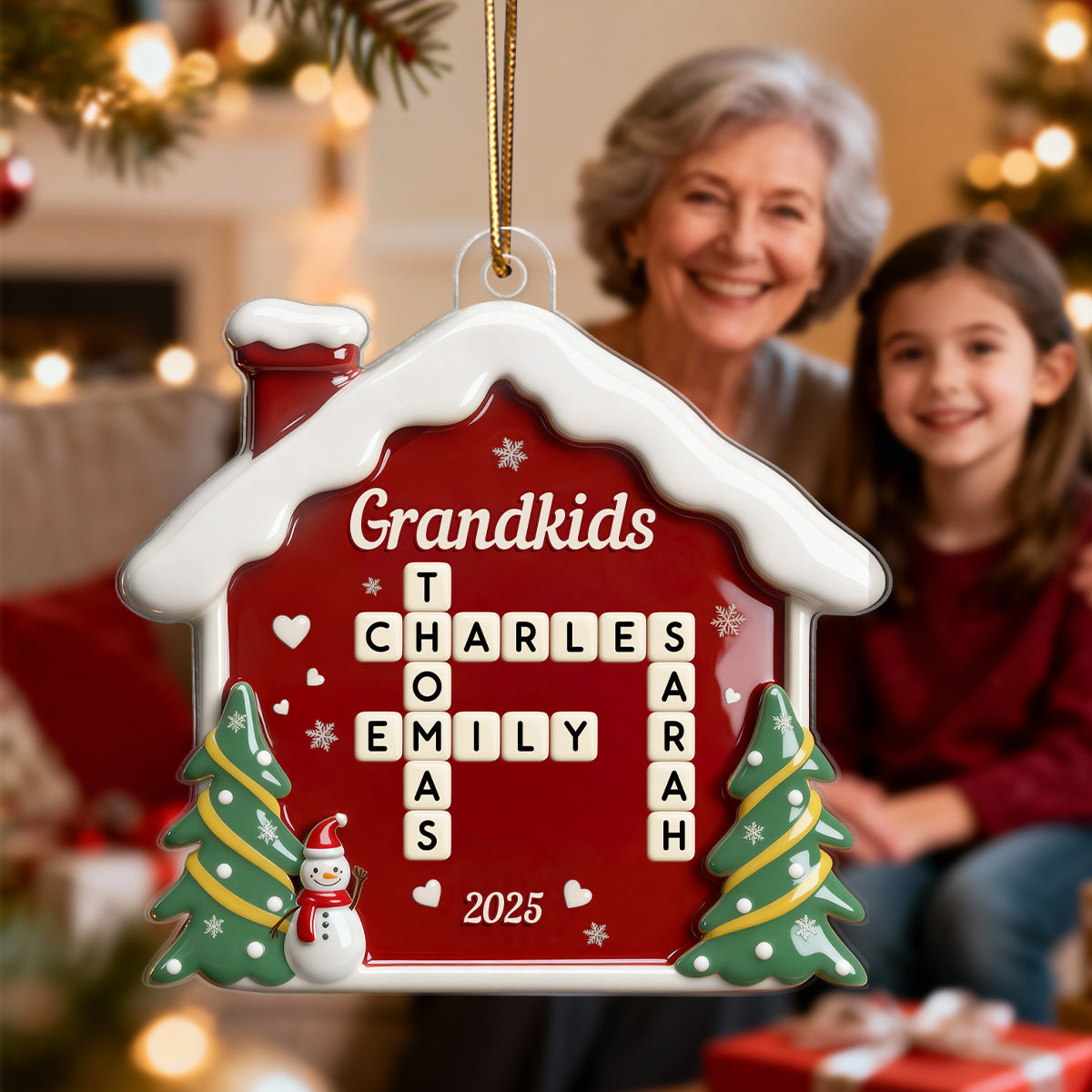 3D Effect Festive Christmas House Grandparents Grandkids Forever Linked Together Crossword Puzzle Art - Personalized Acrylic Ornament