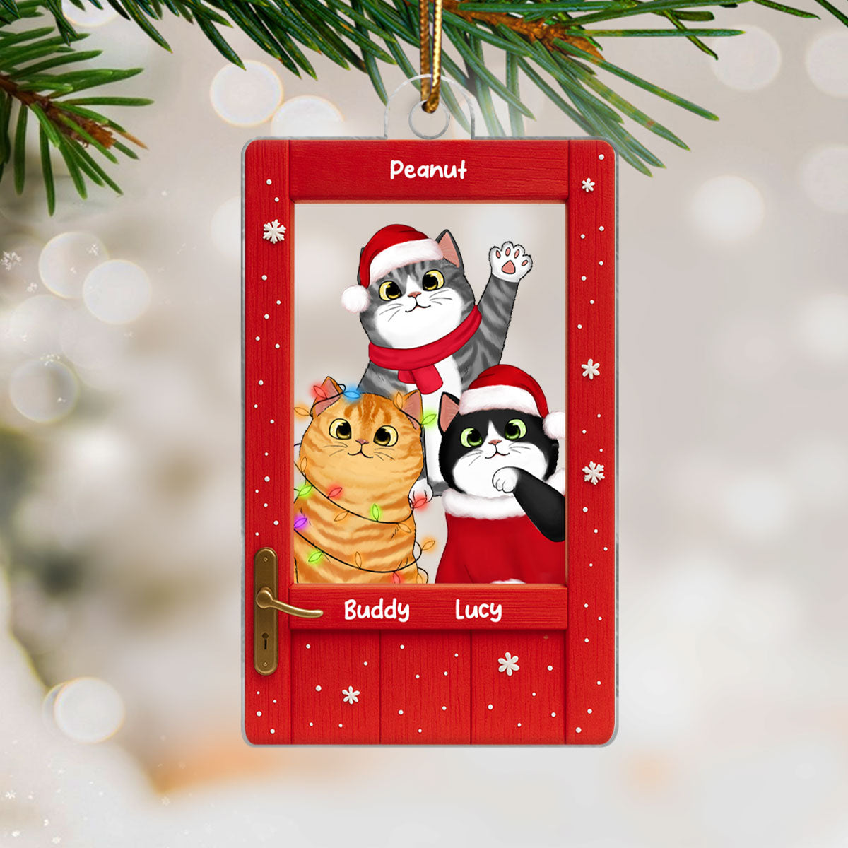 Cute Cats Peeking on the Front Door Personalized Acrylic Ornament, Christmas Gift for Cat Lovers