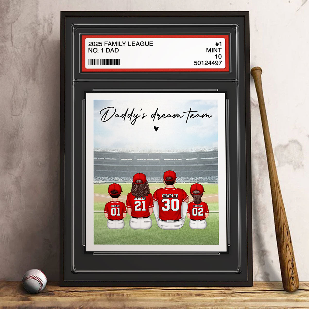 Baseball No. 1 Dad Man & Kids Sitting Trading Card Style Personalized Poster