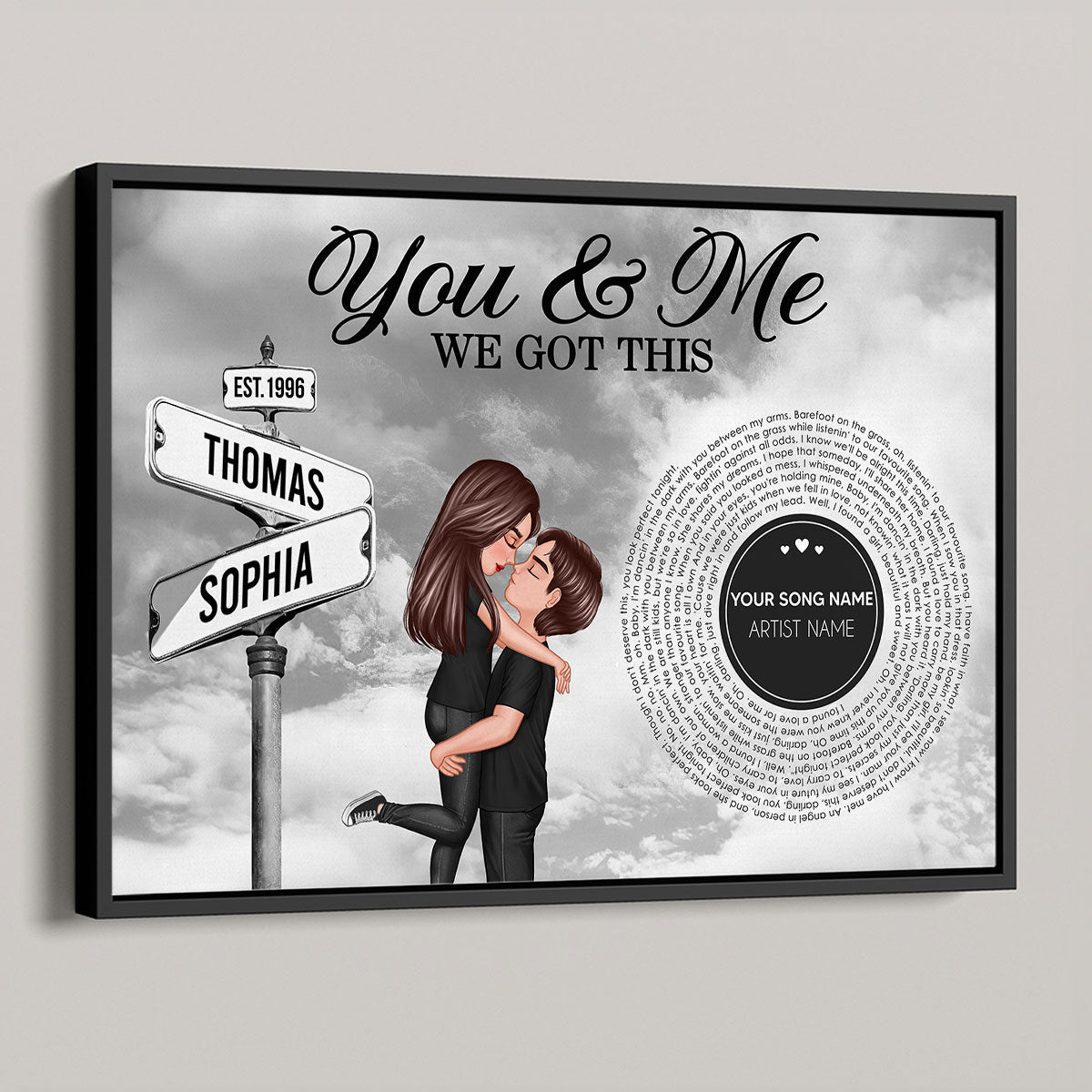 Vintage Street Sign Couple Hugging Kissing Personalized Song Lyrics Poster, Anniversary  Gift For Him, For Her