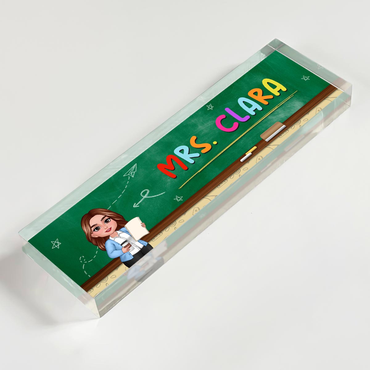 Teacher Green Board Pattern Personalized Acrylic Desk Name Plate, Back To School Gift For Teacher