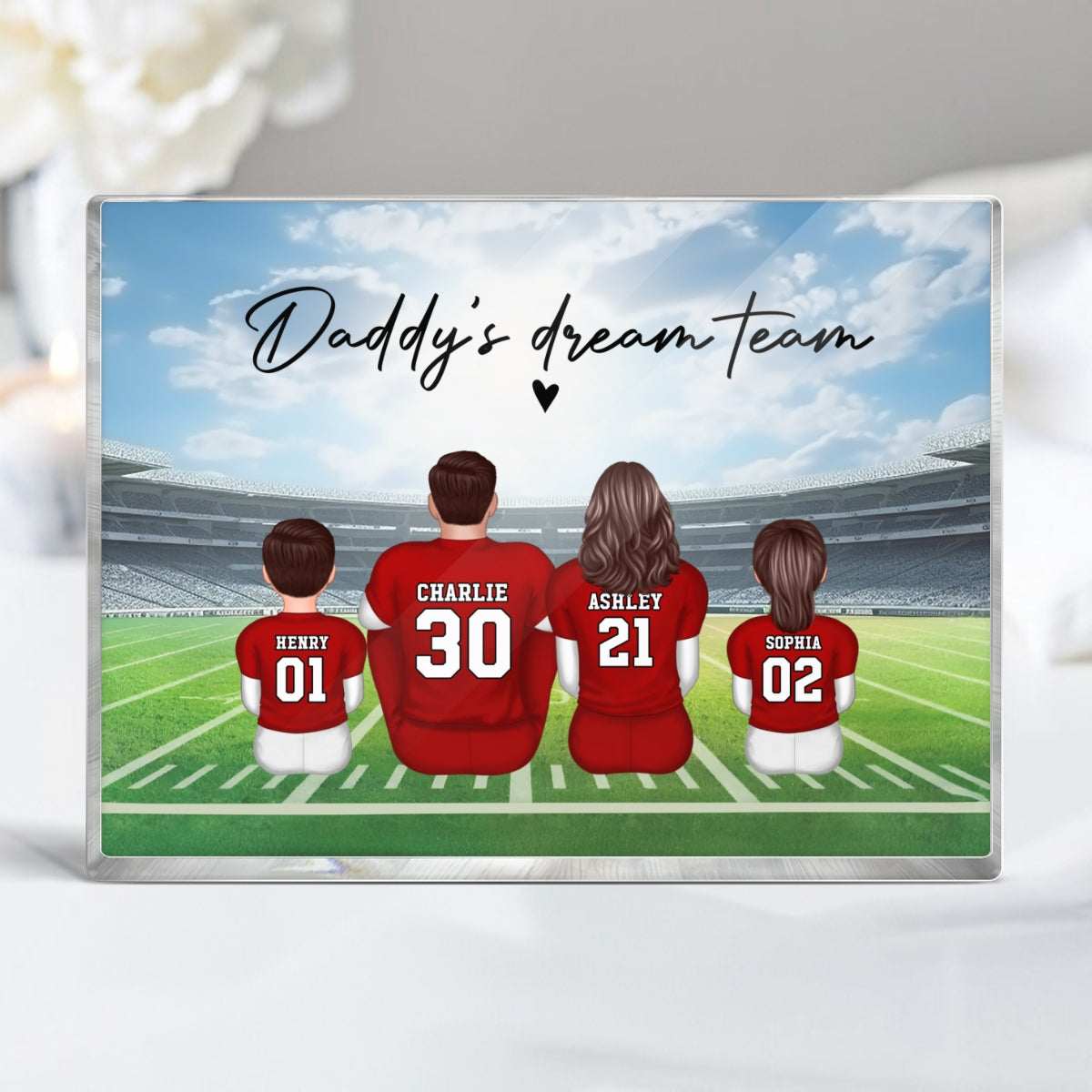 Daddy's Team Football Family Sitting Back View Personalized Acrylic Block,  Gift