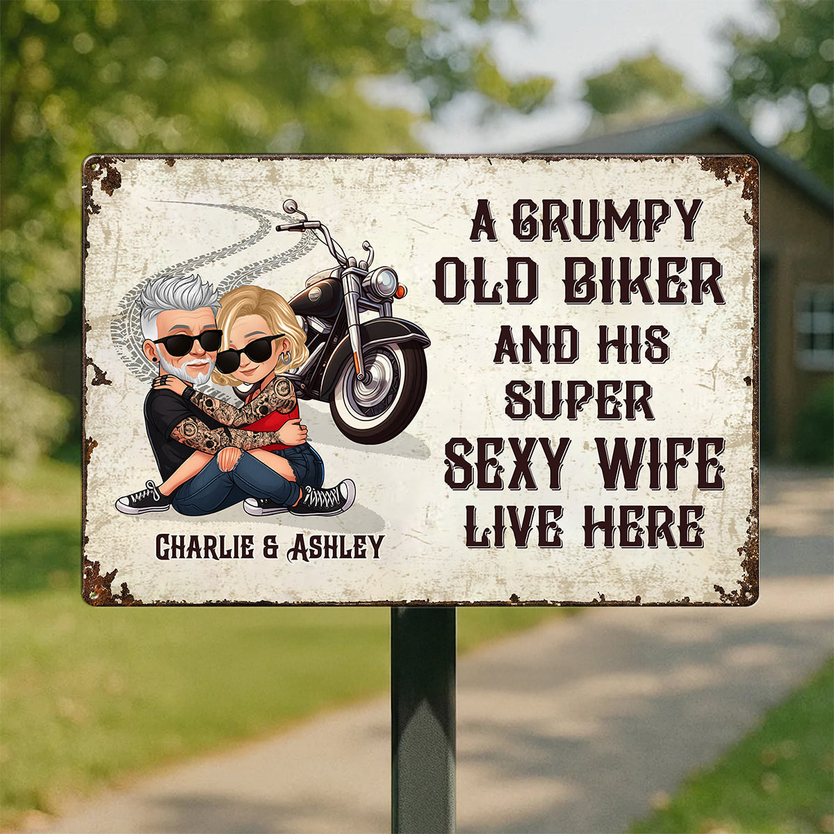An Old Grumpy Biker and His Sexy Wife Live Here Personalized Metal Sign, Gift for Biker Couple