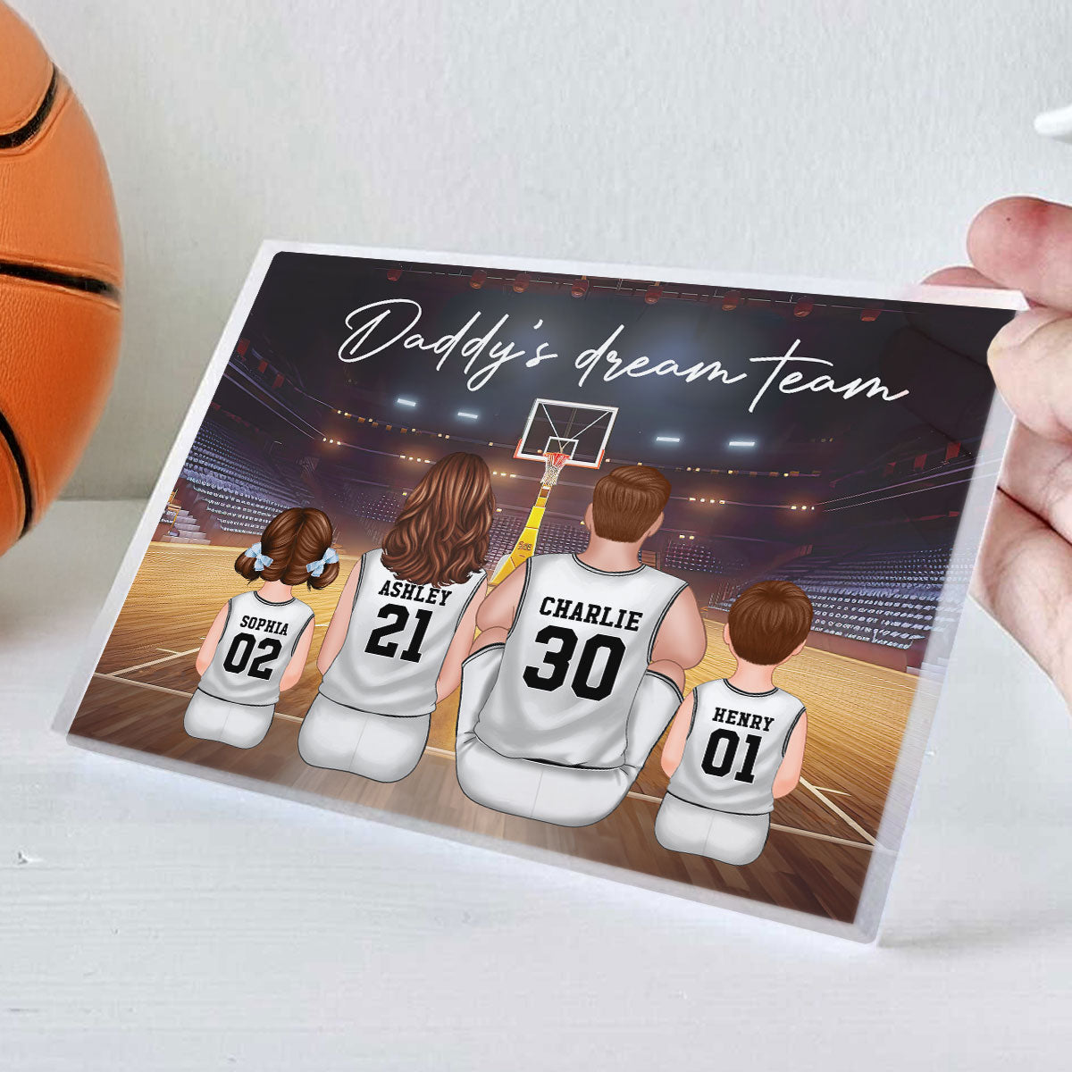 Daddy's Team Basketball Family Sitting Personalized Acrylic Block, Unique  Gift for Dad, Gift for Husband