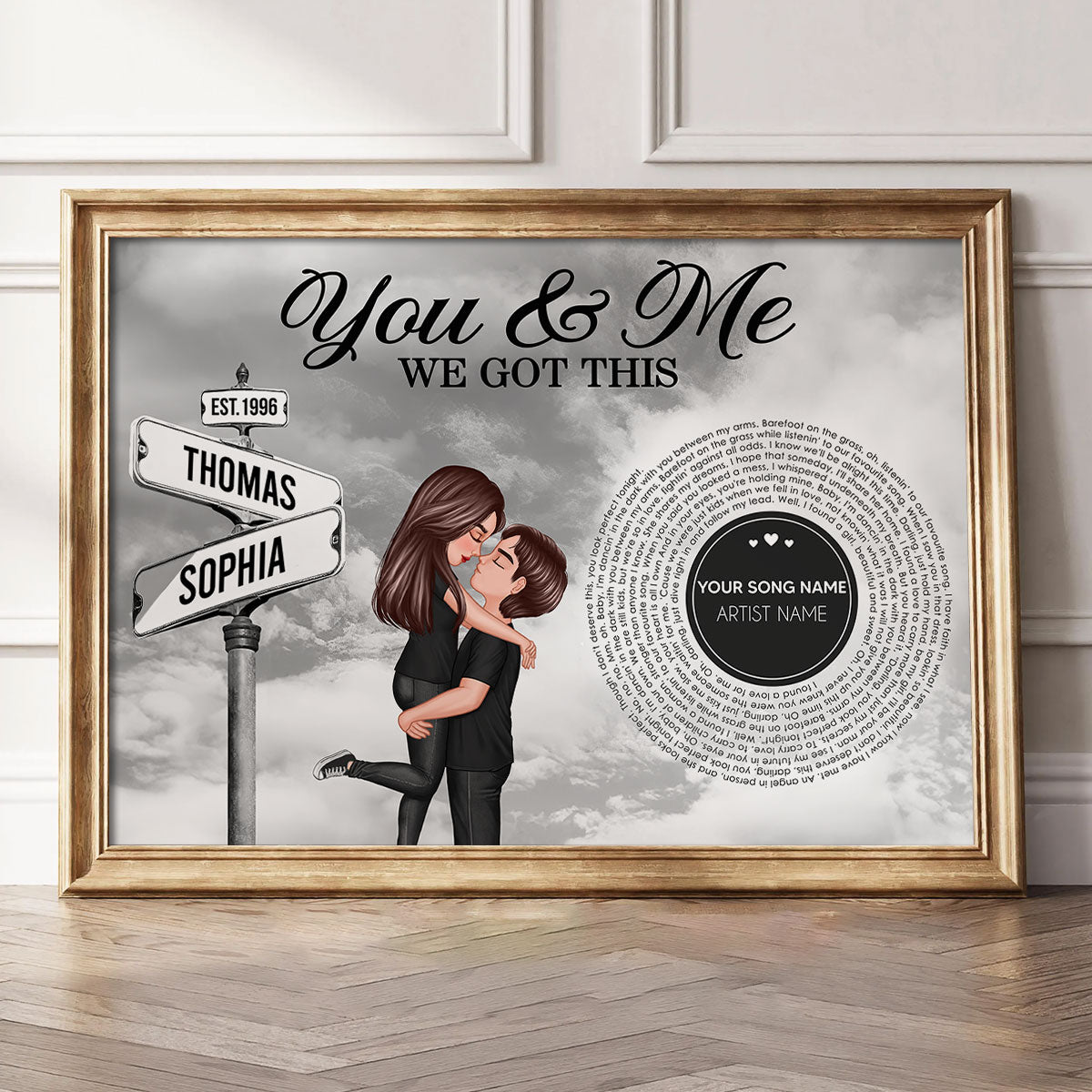 Vintage Street Sign Couple Hugging Kissing Personalized Song Lyrics Poster, Anniversary  Gift For Him, For Her