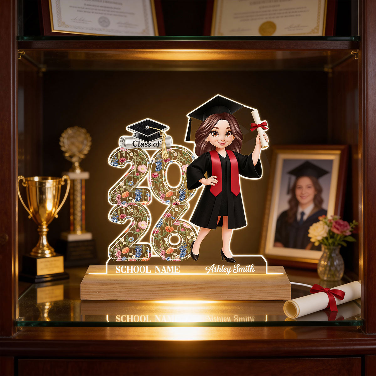 Class Of 2026 2027 Senior Floral - Personalized Acrylic Plaque LED Night Light - Graduation Gift For Graduates, Daughter