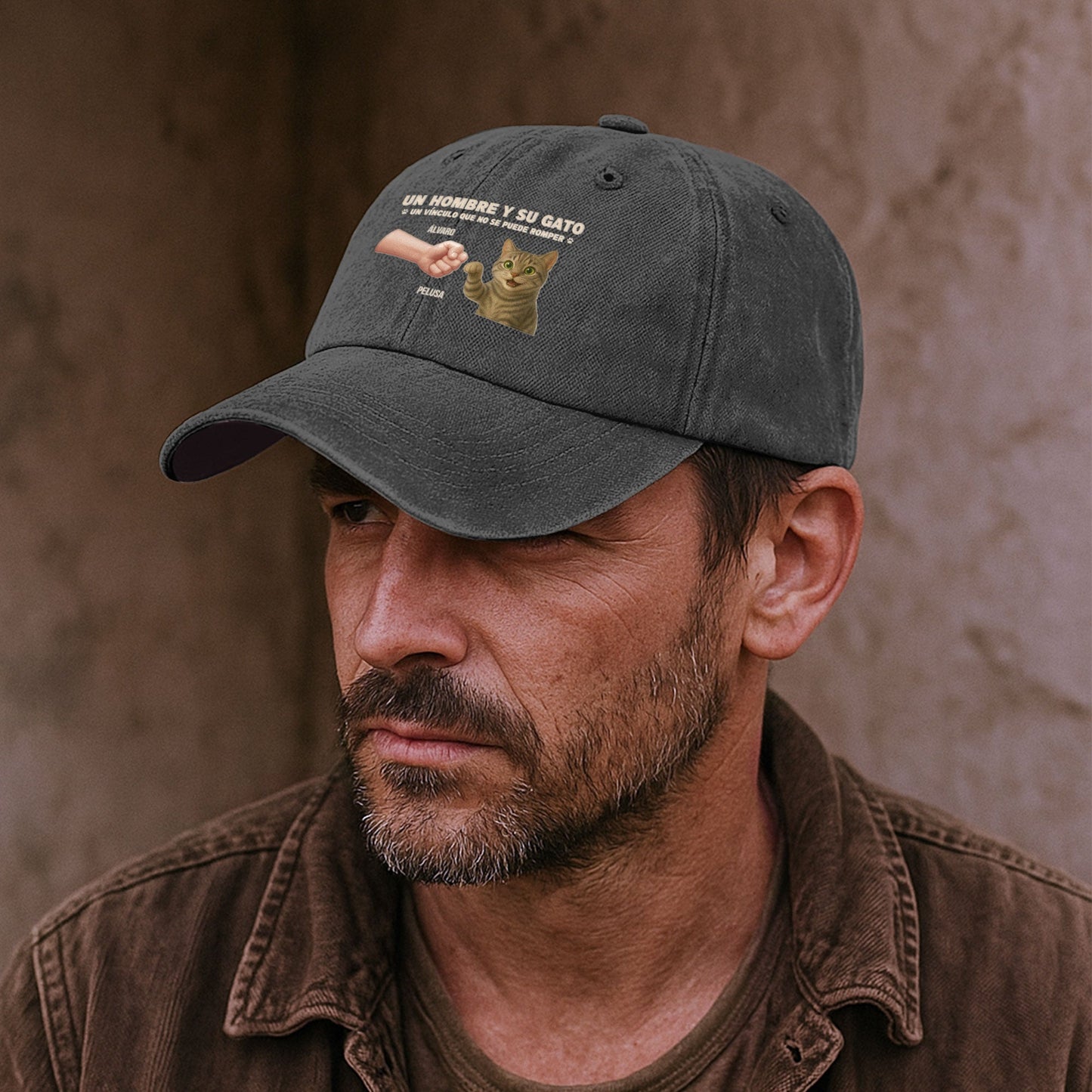 Un Hombre Y Su Gato - Gorra Personalizada De Mezclilla Desgastada